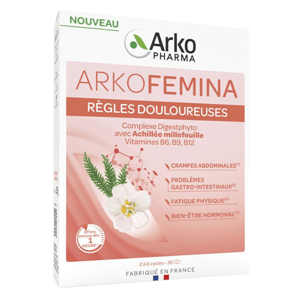 Arkofemina Règles Douloureuses Achillée millefeuille, Vitamines B6, B9, B12 30 gélules