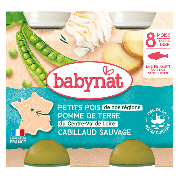Repas Midi Pot Petits Pois Pomme de Terre Cabillaud Sauvage +8m Bio 2 x 200g