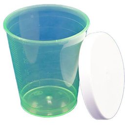 Gobelet plastique vert gradué avec couvercle 25 ml