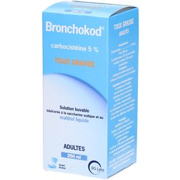Bronchokod Adultes 5%, solution buvable édulcorée à la saccharine sodique et au maltitol liquide Toux Grasse - Flacon 250 ml