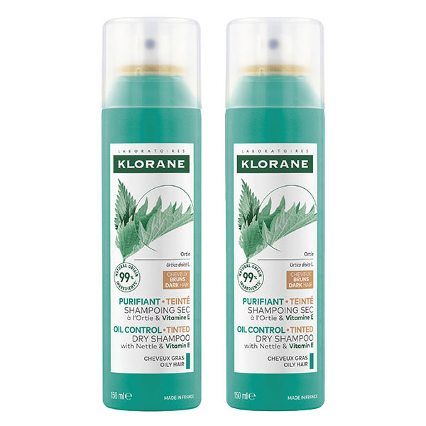 Duo Spray Shampoing Sec à l'Ortie Teinté Cheveux Gras Châtains à Bruns Lot de 2 x 150ml