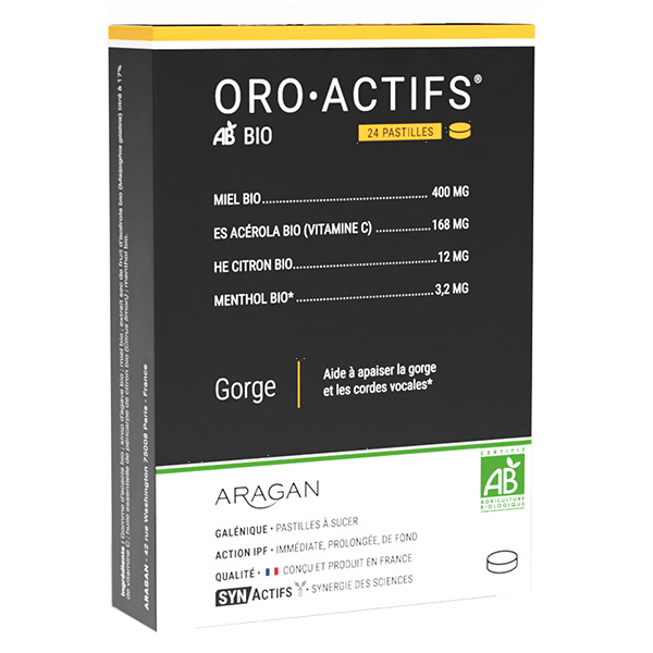 Aragan - - Oroactifs® BIO - Maux de Gorge - Miel, Menthol - 24 Pastilles