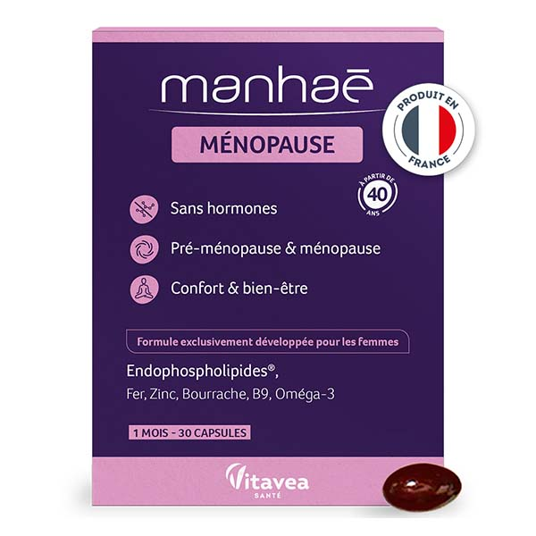 Manhaé Ménopause et Pré-Ménopause - Acide Folique, Omega 3 - 30 Capsules - 1 mois