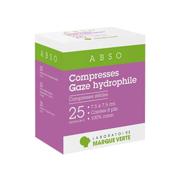 Compresses Stériles Gaze Hydrophile 7,5cm x 7,5cm 25 x 2 compresses
