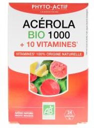 Acerola 1000 + 10 vitamines Arôme Fruits Rouges Bio 24 Comprimés - Boîte 2 tubes de 12 comprimés