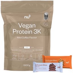 Vegan Protein 3K Shake, Iced Coffee + Fit Protein Bites Peanut Butter + Fit Protein Bites Double-Choc