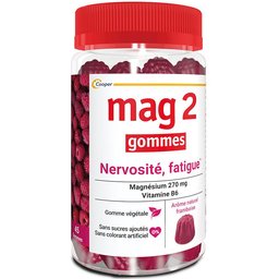 - Gommes framboise - Anti-nervosité et anti-fatigue - Sans sucres ajoutés - Complément alimentaire à base de magnésium et vitamine B6 - 45 gommes