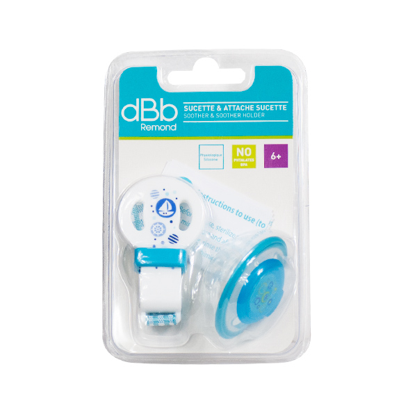 Sucette Physiologique Silicone 2ème âge + Attache Sucette Bleu