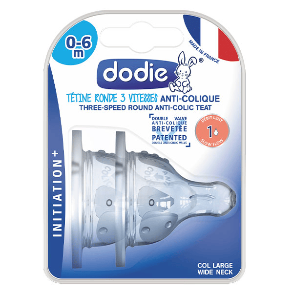 Tétine Initiation+ Ronde 3 vitesses Col large Silicone 0 à 6 mois Débit 1 Lent Lot de 2
