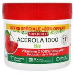 Acérola 1000 Bio 60 Comprimés Sécables à Croquer + 12 Comprimés Offerts - Pot 72 comprimés
