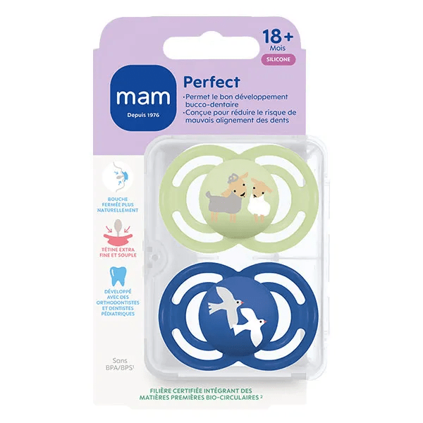 Sucette Perfect Animaux 18+ mois Silicone Motif Moutons Oiseaux X2