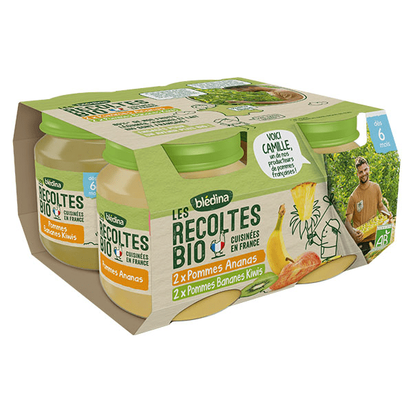 Les Récoltes Bio Purée de Fruits Pommes Ananas et Pommes Bananes Kiwis +4m 4 x 130g