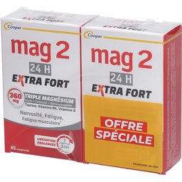 MAG 2 - 24H Extra fort - Anti-nervosité et anti-fatigue - Complément alimentaire à base de magnésium, vitamine B6, vitamine D et taurine - Programme 90 jours - Lot 2x45 comprimés