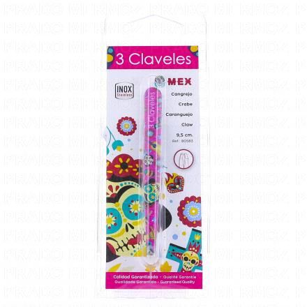 3 CLAVELES Pince à épiler crabe en inox 9,5 cm motif mex rose