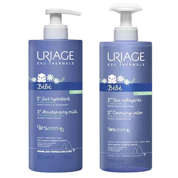 Bébé 1ère Eau Nettoyante Apaisante Visage Corps 500ml + Bébé 1er Lait Hydratant Visage Corps 500ml