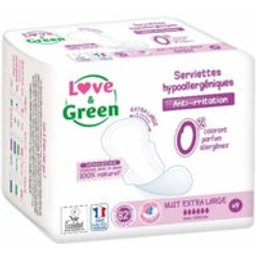 Love & Green Serviettes Hypoallergéniques Nuit Extra Large 9 Unités