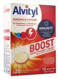 Boost Comprimés Effervescents Goût Orange - Ginseng & Caféine 10 Vitamines 2 Minéraux - Dès 15 Ans - 20 Comprimés - Boîte 20 comprimés effervescents