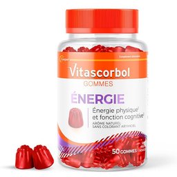 Vitascorbol - Gommes Énergie - Complément alimentaire Multivitamines – 12 Vitamines – 5 Minéraux - Ginseng - Fatigue et système immunitaire - 50 gommes goût fruits rouges - arôme naturel