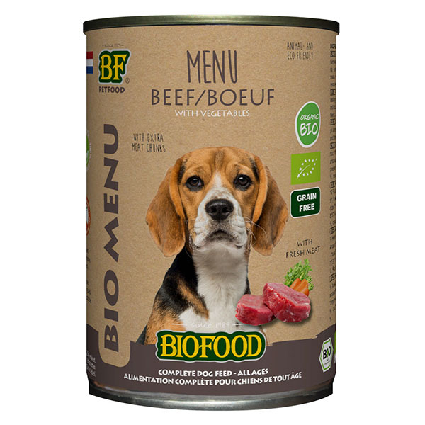 Menu Bio à base de 50% de viande de boeuf BIO pour chien. Boîte de 400g.