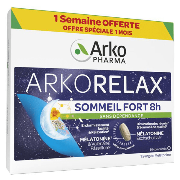 Arkorelax Sommeil Fort 8H Mélatonine, Valériane 20 comprimés + 10 Offerts