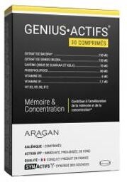Synactifs Geniusactifs® - Mémoire et Concentration - Bacopa Caféine Guarana Ginkgo Biloba et Vitamines - 30 Comprimés - Boîte 30 comprimés