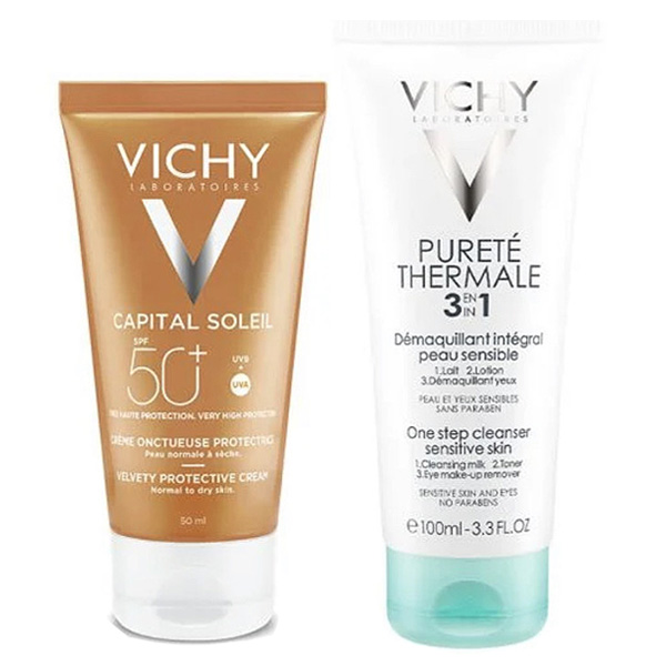 Capital Soleil Crème Onctueuse Protectrice SPF50+ 50ml + Pureté Thermale Lait Démaquillant Intégral 3 en 1 100ml Offert