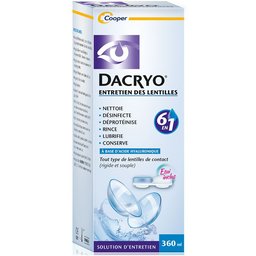 Dacryo® - Solution d'entretien des lentilles 6 en 1 - Nettoie, désinfecte, déproténise, rince, lubrifie, conserve - Lentilles de contact - Acide Hyaluronique - Etui inclus - Flacon - 360 ml