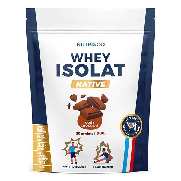 Nutri&Co Protéines Whey Isolat Native 94% en poudre - Goût Chocolat - 900gr
