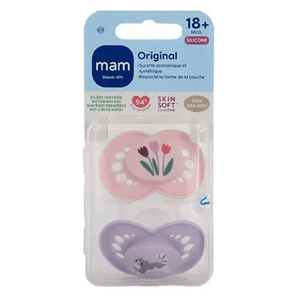 Sucette Original Nature 18+ mois Silicone Motifs Tulipes Chat x2