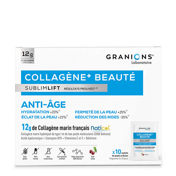GRANIONS - Collagene Marin Poudre Beauté SUBLIMLIFT - Goût Cerise - 10 sachets