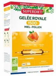 Gelée Royale 1500 Miel Pollen Bio 20 Unités - Boîte 20 ampoules de 10 ml