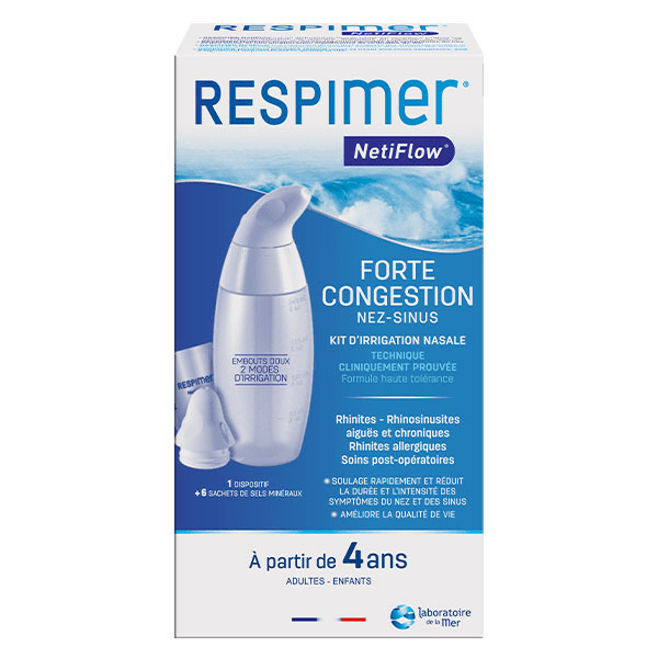 Respimer Netiflow Kit d'Irrigation Nasale dès 4 ans 1 Dispositif + 6 Sachets Eau de mer