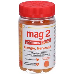 - Gommes Boost - Anti-nervosité et anti-fatigue - Sans sucres ajoutés et sans colorant artificiel - Ingrédients vegan -Arôme naturel de mandarine - Complément alimentaire à base de magné