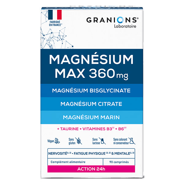 Granions Magnésium Max 360 mg Réduit le Stress, fatigue - Action 24h - 90 comprimés