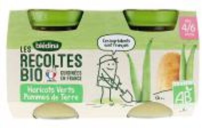 Blédina Les Récoltes Bio Haricots Verts Pommes de Terre 4/6 Mois Bio 2 POTS - Carton 2 pots de 130 g