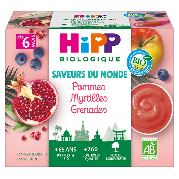 Bio 100% Fruits Coupelle Pommes Myrtilles Grenades +4m 4 x 100g