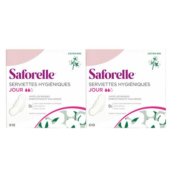 Serviettes Hygiéniques en Coton Bio avec Ailettes Jour - Lot de 2 x 10 protections