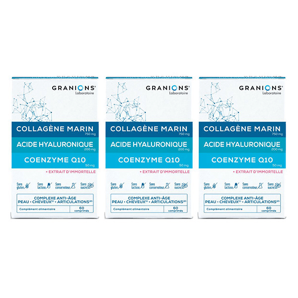 Granions Collagène Marin et Acide Hyaluronique + Coenzyme Q10 - Lot de 3 - Routine Anti Âge Anti Rides 3 x 60 comprimés - cure de 3 mois