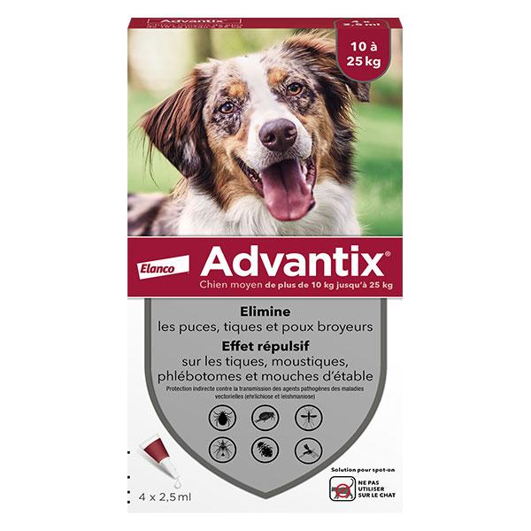 Chien Solution Antiparasitaire Race Moyenne 10 à 25kg 4 pipettes