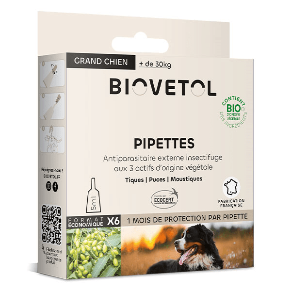 Pipettes Anti puce Anti tique Grand Chien Bio +30kg x6