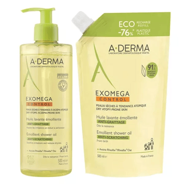 Exomega Control Huile lavante émolliente anti-grattage 500ml + éco-recharge 500ml