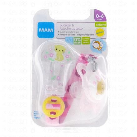 Kit sucette & attache-sucette 0-6 mois anatomique silicone