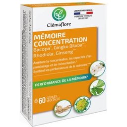 laboratoire mémoire concentration bacopa,ginseng,rhodiola,gingko biloba 60 gélules