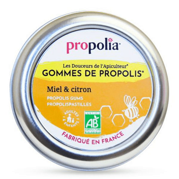Bio Gommes de propolis, miel et citron Adoucit la gorge - 45 gr