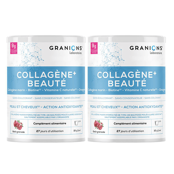 Granions Collagène Beauté+ - Lot de 2 Collagène Marin Poudre Hydrolysé de Type I Goût Grenade Cure de 2 mois