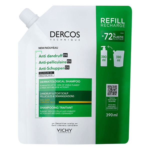 Dercos Shampooing traitant pellicules & démangeaisons cheveux secs en éco-recharge 390ml