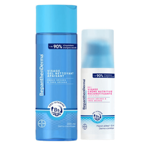 Lot BepanthenDerma Gel Nettoyant Apaisant  Visage Flacon 200mL et Crème Nutritive Reconstituante Visage Flacon Pompe 50mL
