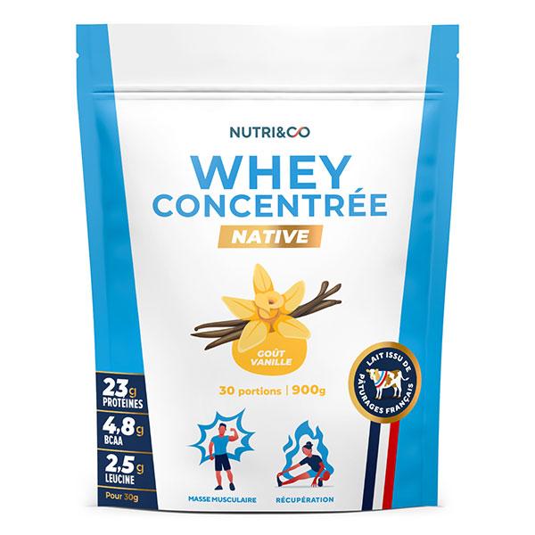 Nutri&Co Protéines Whey Concentrate Native en poudre - 30 Portions Goût Vanille - 900gr