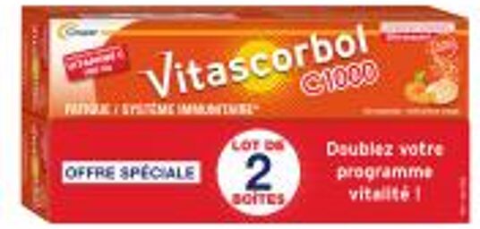 C1000 - Complément Alimentaire Vitamine C - Lot de 2 x 20 Comprimés Effervescents - Boîte 2 tubes de 20 comprimés