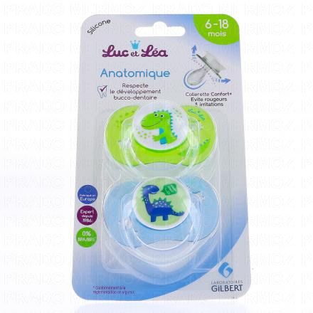 LUC ET LEA 2 Sucettes Silicone Anatomiques 6-18 Mois dinosaures